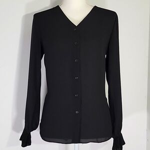 T Tahari Black V-Neck Button Up Blouse Ruffle Cuff Long Sleeve Top XS Minimalist